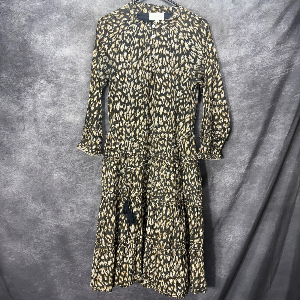 Cleobella Kalla Midi Dress Size M Animal Leopard Print Tiered Organic Ruffle